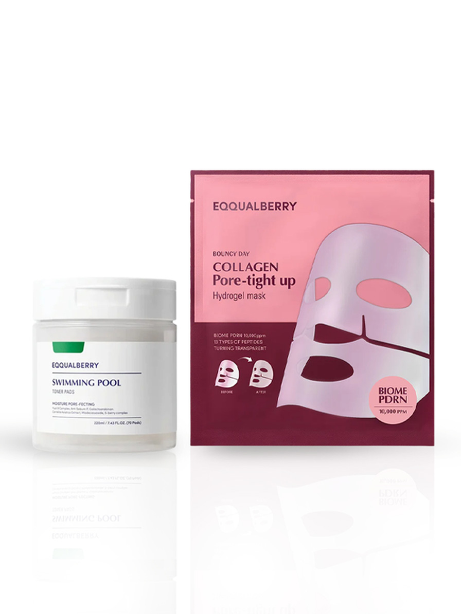 Eqqualberry Swimming Pool Toner Pads 220ml 70 sheets + Collagen Pore-tight up Hydrogel Mask (4sheets)